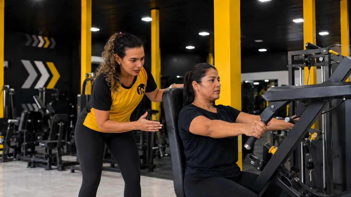 Professora acompanhando aluna em treinamento personalizado